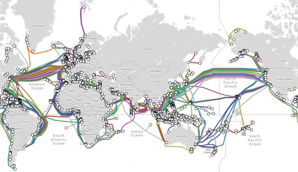 Submarine cable world map static image from submarinecablemap.com as of May 2021