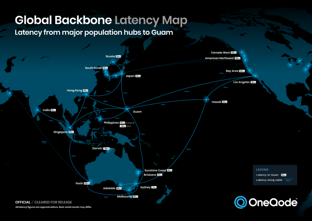 OneQode グローバル バックボーン レイテンシ マップ - Guam Gaming Hub